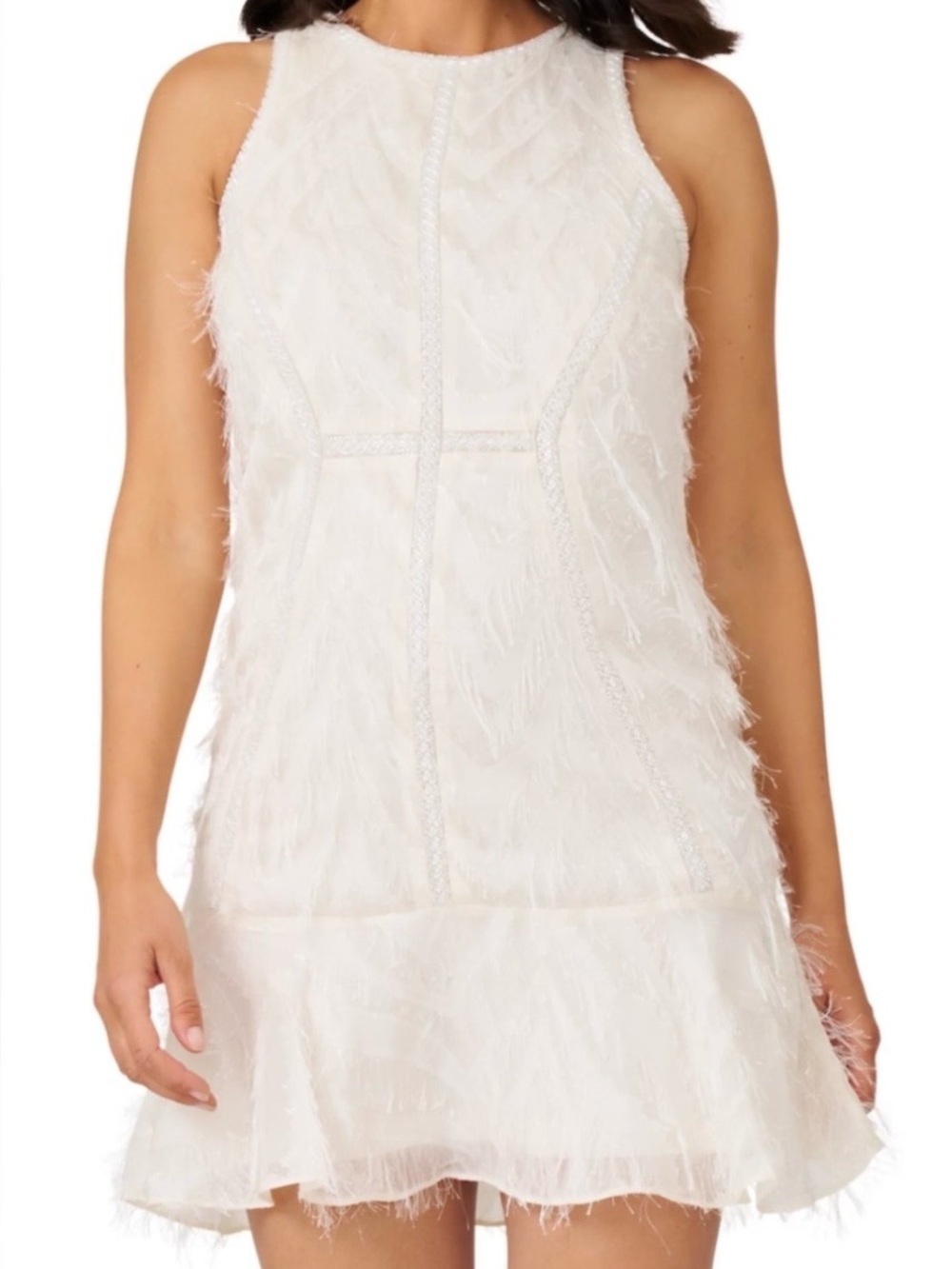 NWT J. Mendel Ivory Beaded Fringe Feather Cocktail Mini Dress 12 Gatsby Bridal